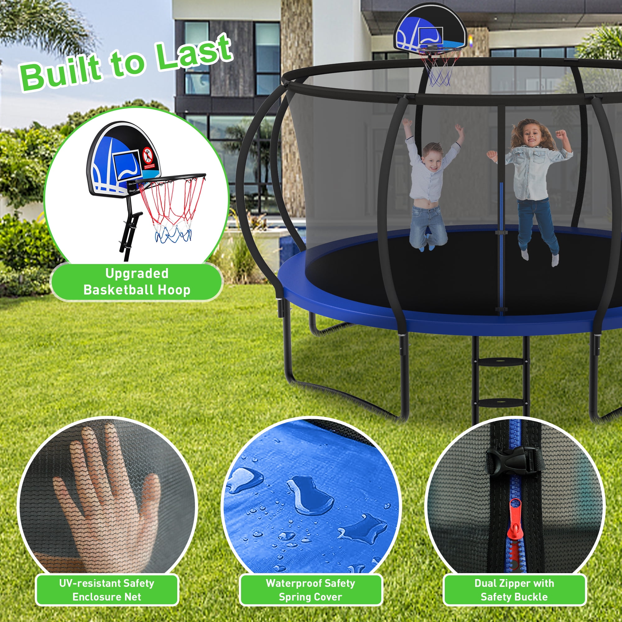 XMIKA 12FT Trampoline with Enclosure, Basketball Hoop, Ladder, Outdoor Trampolines, Heavy Duty Galvanized Full Spray Round Backyard Trampoline for Adults and Kids, 1200lbs Loading, Blue