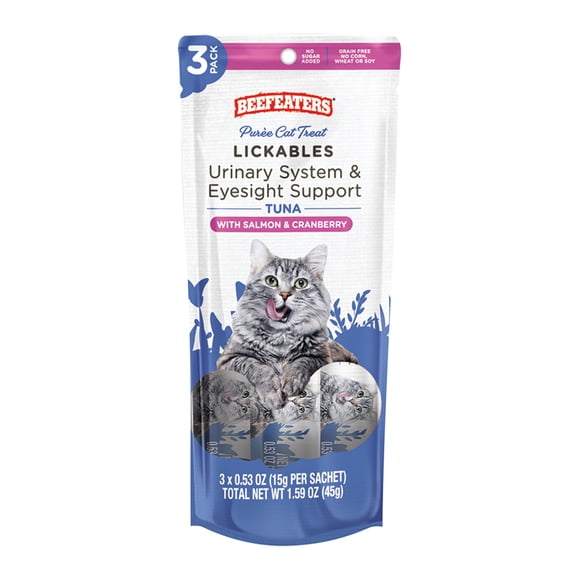 Premios para Gato Beefeaters Lickables Receta de Atún con Salmón y Arándanos Apoyo al Sistema Urinario y Vista 3pz