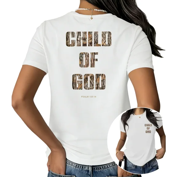 UNISHE Women's Child of God Psalm 139:14 Camo Graphic Short Sleeve T-Shirt Casual Cotton Crewneck Top