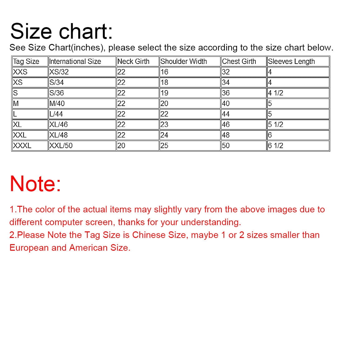 International Size Chart Shirt