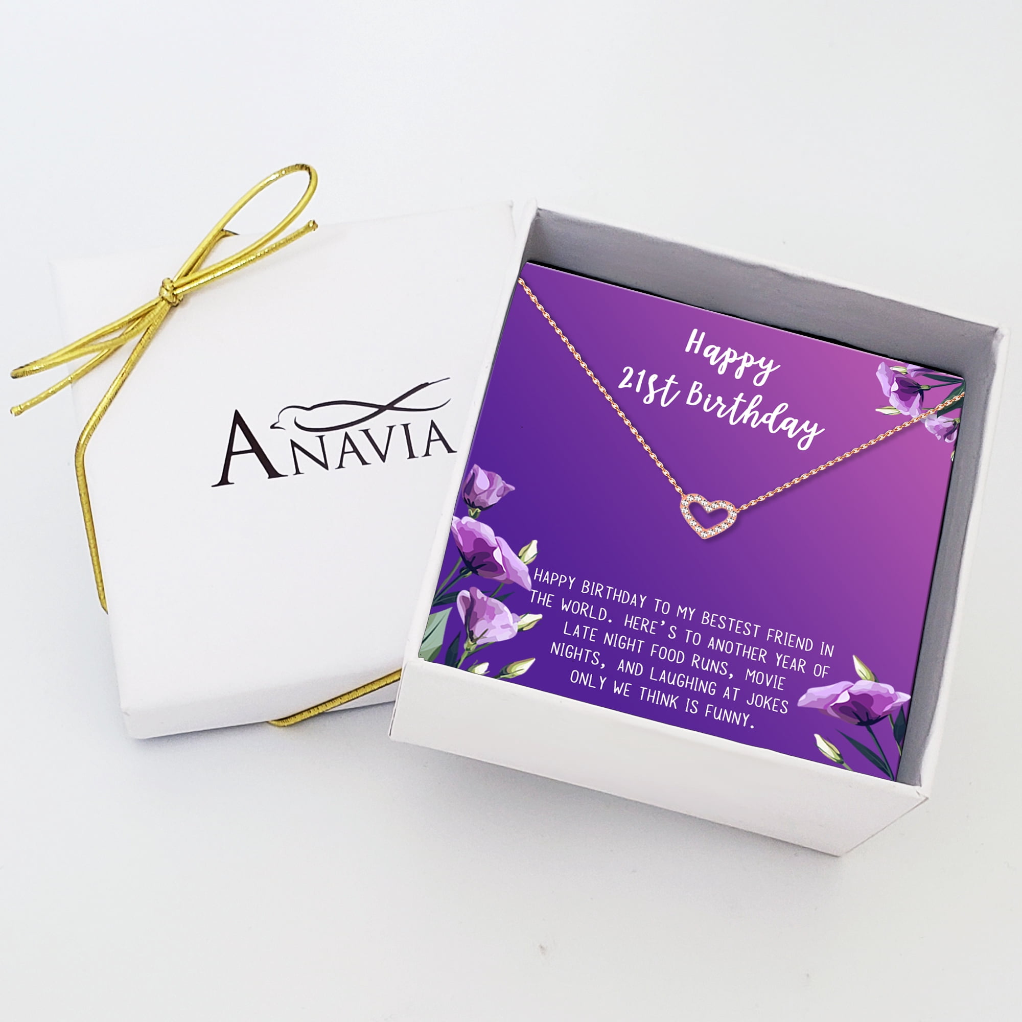 Anavia Happy 21st Birthday Gifts Stainless Steel Fashion Necklace Birthday Card Jewelry Gift for Her, Birthday Gift for Daughter-[Rose Gold Mini Crystal Heart, Royal Purple Gift Card]