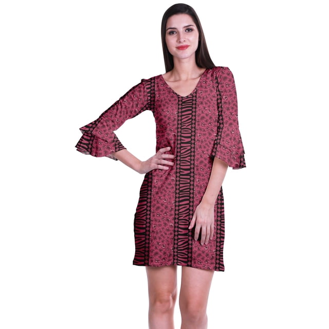 Moomaya Robe Courte Imprimée pour Femmes, Manches Évasées, Coupe Droite, Robes pour Femmes, Vêtements d'Été Décontractés