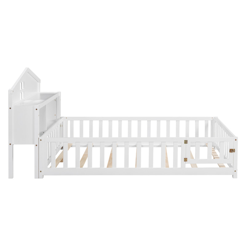 Bellemave Full Size Montessori Bed with Bookcase,Wooden Floor Bed with Fence Rails and Door, Full Playhouse Beds with Storage Headboards, No Box Spring Needed (White)