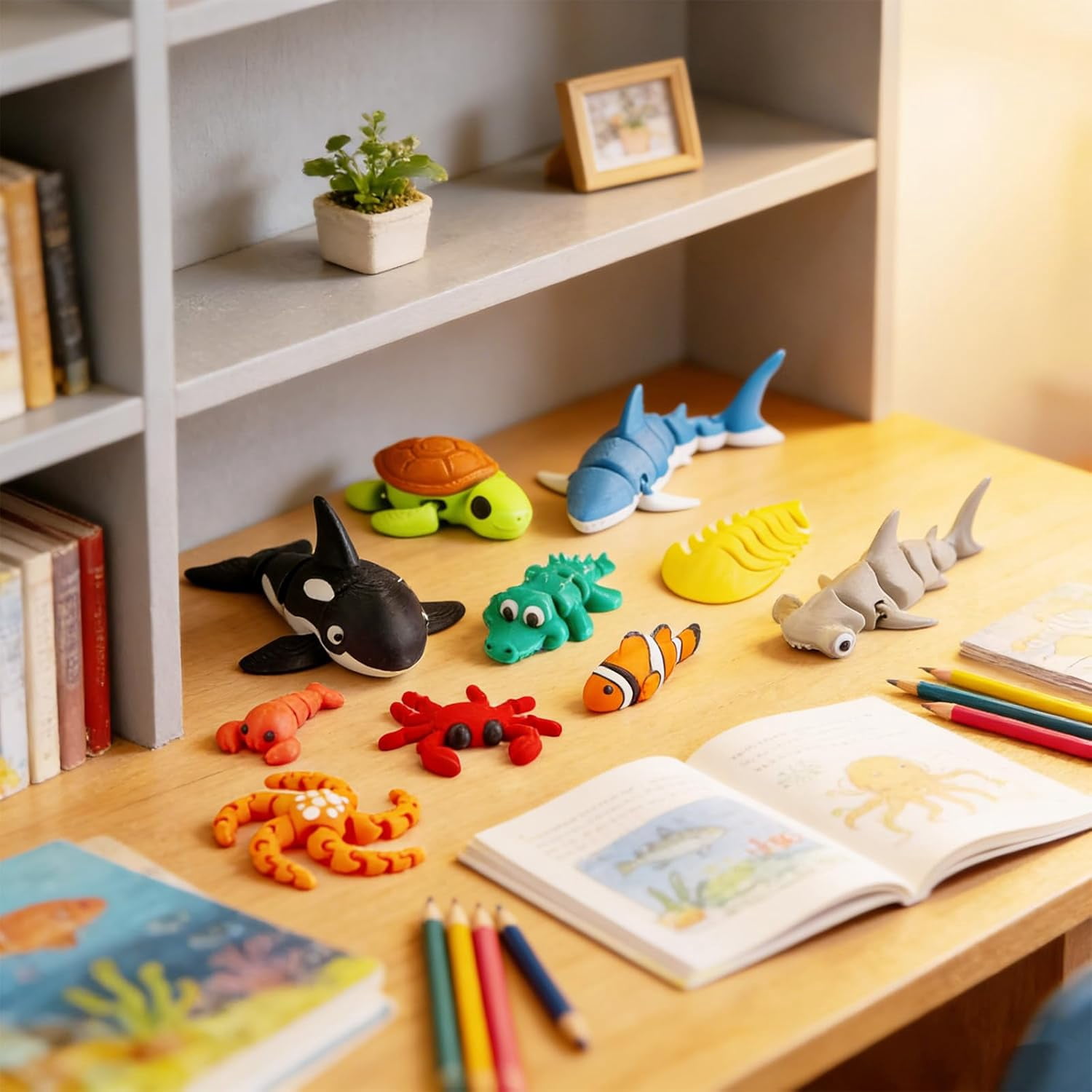 Natonhi 22pcs 3D Printed Sea Animals Toys, 3D Printed Ocean Animals Articulating Flexible Fidget Toys, Cute Animal Figurines Toys for Easter Birthday Party Favors Office Desktop Home Decoration