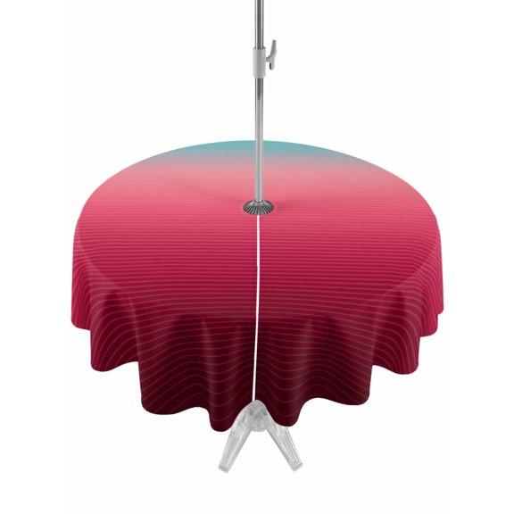 Outdoor Table Cloth with Umbrella Hole and Zipper, Teal Pimk Ombre Waterproof Round Tablecloth 60 Inch, Modern Geometric Striped Abstract Art Washable Table Cover for Outside Party Patio Picnic