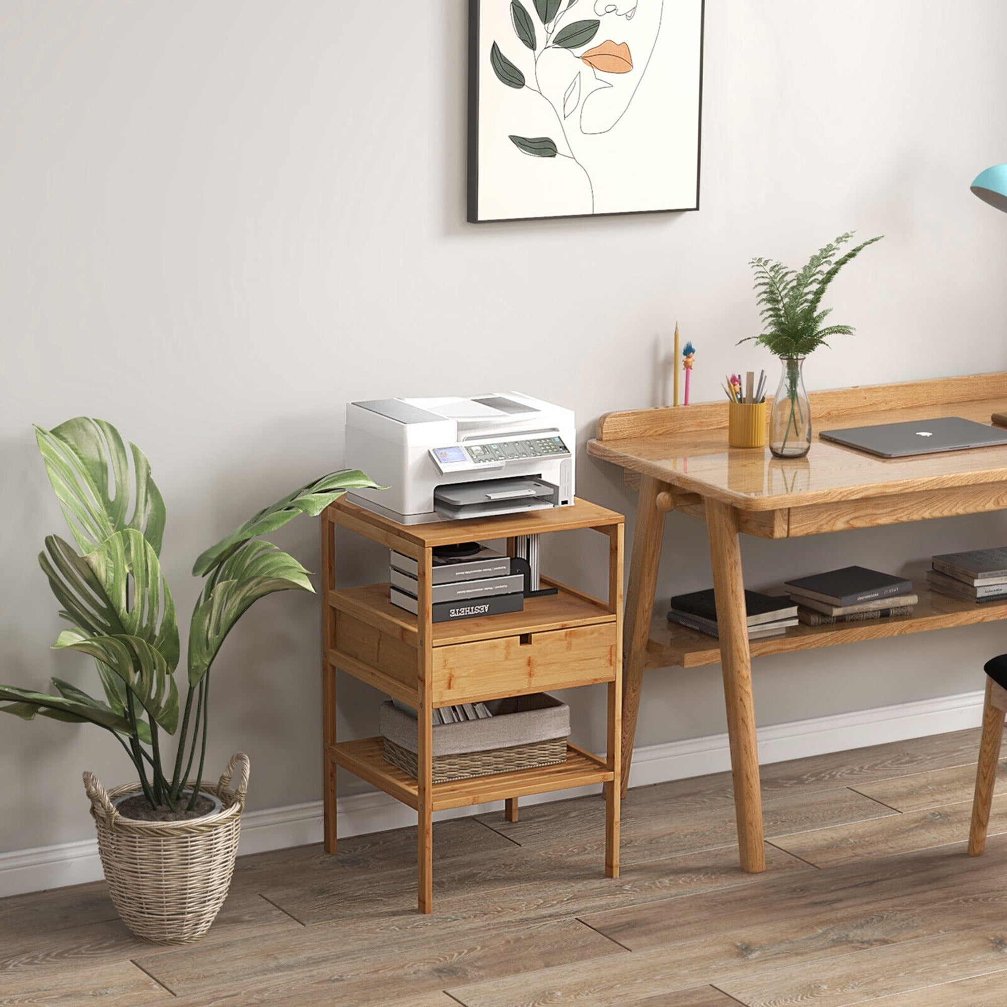 Gymax Bamboo Nightstands Set of 2 w/ Pull-out Drawer and Storage Shelf Wood Natural