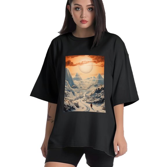 Plus Size Shirt for Women Black Tops for Women Short Sleeves Shirt for Women Snowy Mountain T Shirt Crewneck Shirt for Women XS