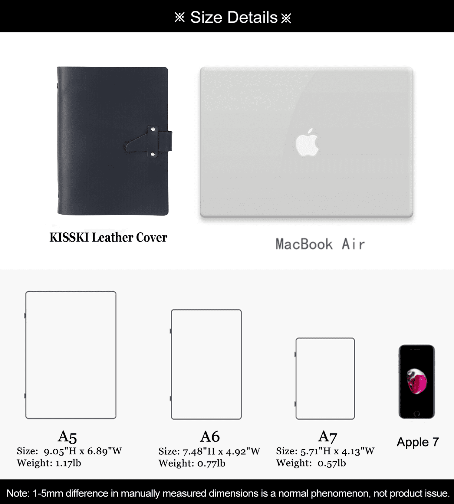 KISSKI·H Olvido Refillable Leather Journals for Women, A7 Travelers Diary Notebook with A7 Notepad, 6 Ring Binder Planner Notebook Organizer, Perfect for Business Gift/Personal Diary, Black