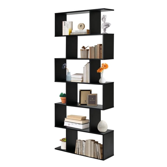 GVN Bookcases,6 Tier S-Shaped Bookshelf Storage Display Bookcase Decor Z-Shelf -Black