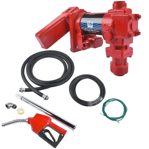 Mustrod Fuel Transfer Pump with Hose & Auto Red Nozzle 15GPM 12V for Gas Diesel Biodiesel Kerosene