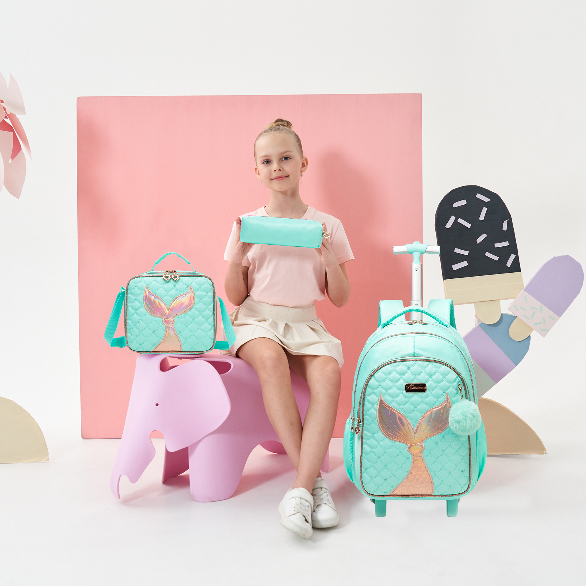 Mermaid Kids Rolling Backpack with Wheels for School Girls Bookbag with Lunch Box Pencil Case Luggage Ages 6-8 Green