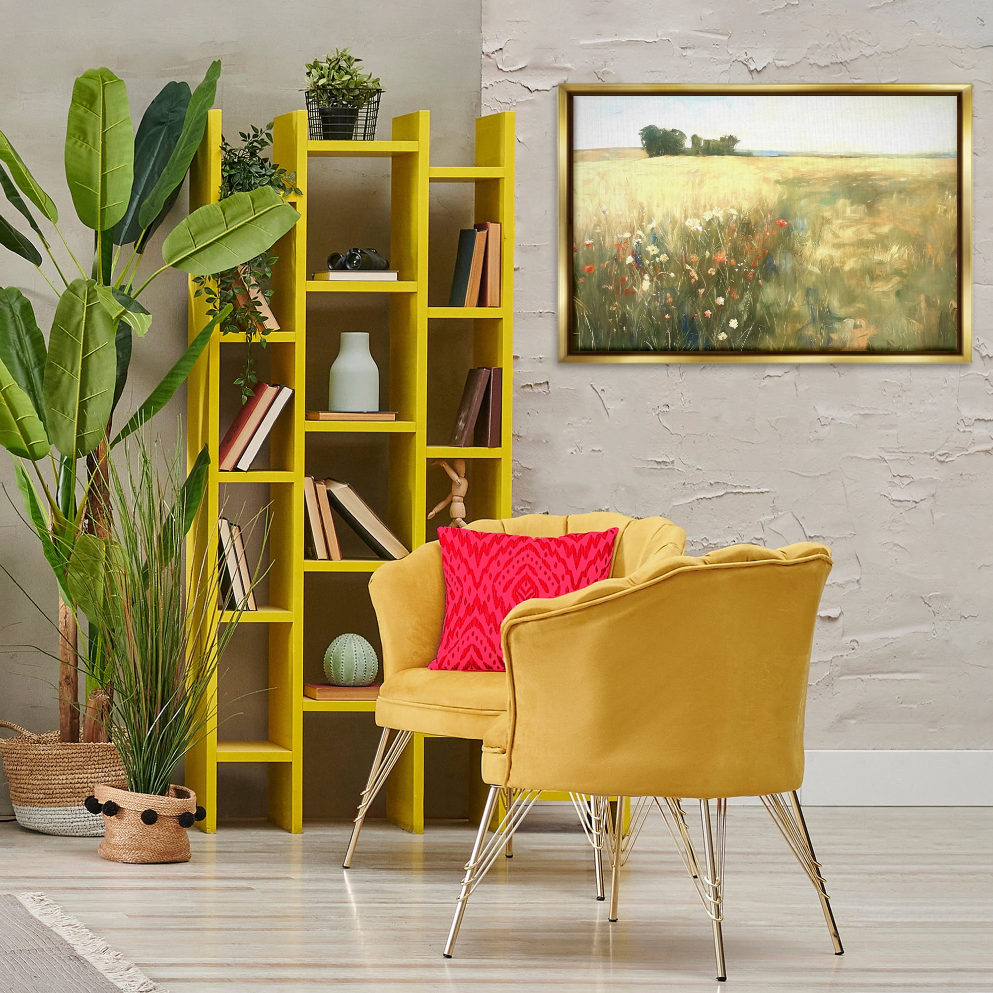 Stupell Industries Floral Prairie Meadow Landscape & Nature Painting Gold Floater Framed Canvas Art Print Wall Art, 31 x 21