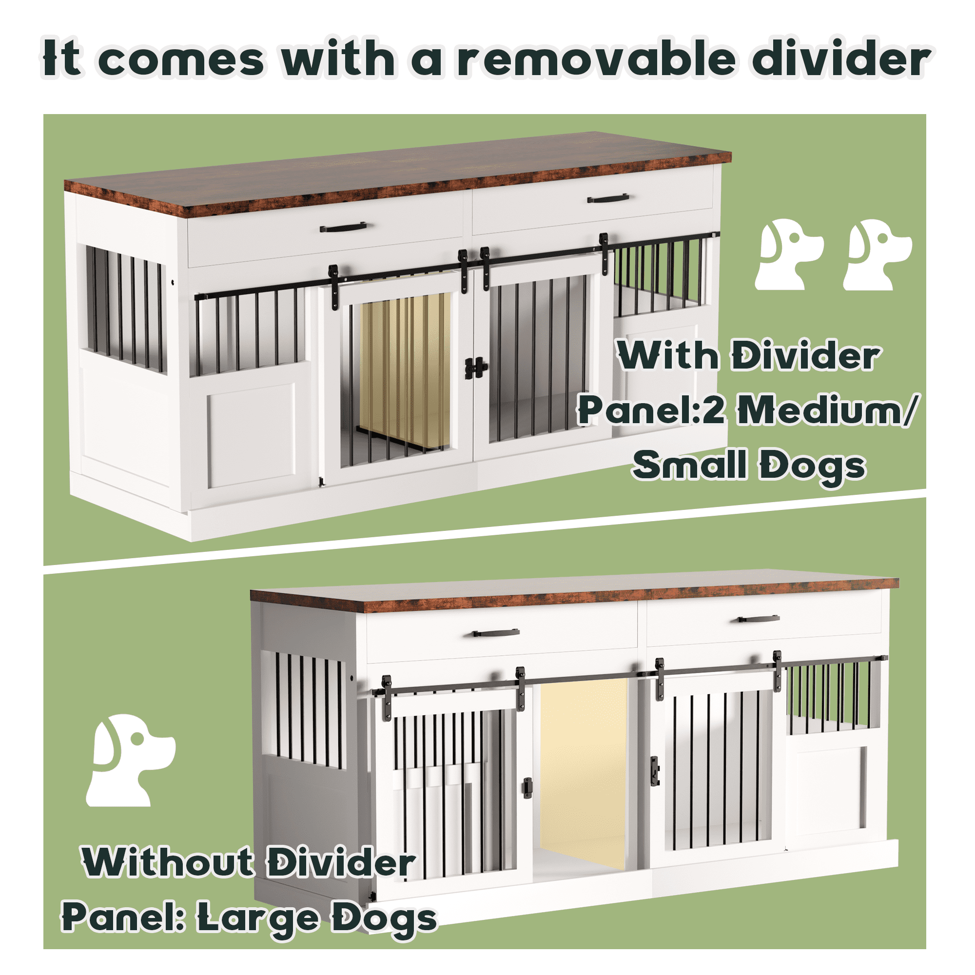 70.9'' Heavy-Duty Wooden Kennel Cage, Large Dog Crate Furniture with 2 Drawers and Divider, TV Stand End Table for 2 Large Dogs, White