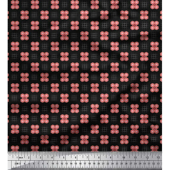 Soimoi Cotton Duck Fabric Dotted Check & Floral Artistic Print Fabric by Yard 42 Inch Wide