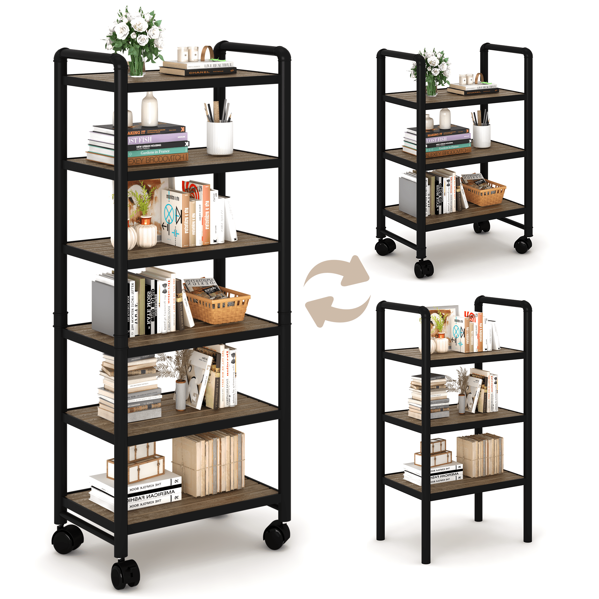 Baxluxe Adjustable 6-Tier Storage Shelves with Wheels, Narrow Tall Bathroom Shelves, Metal Frame Organizer Shelf with Wood Shelves for Kitchen, Garage, 12"Lx16"Wx63" H