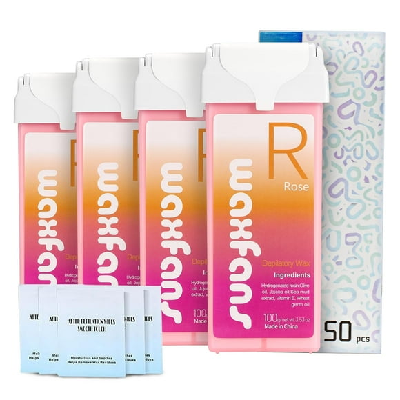 Waxfans Roll On Wax Refill Wax Roller Refill for Hair Removal.Natural Roses Wax Cartridge Refill Quick Melting - For Coarse and Fine Hairs.Includes: 4 Wax Rollers 5 Clean Oil Bags 50 Waxing Strips.