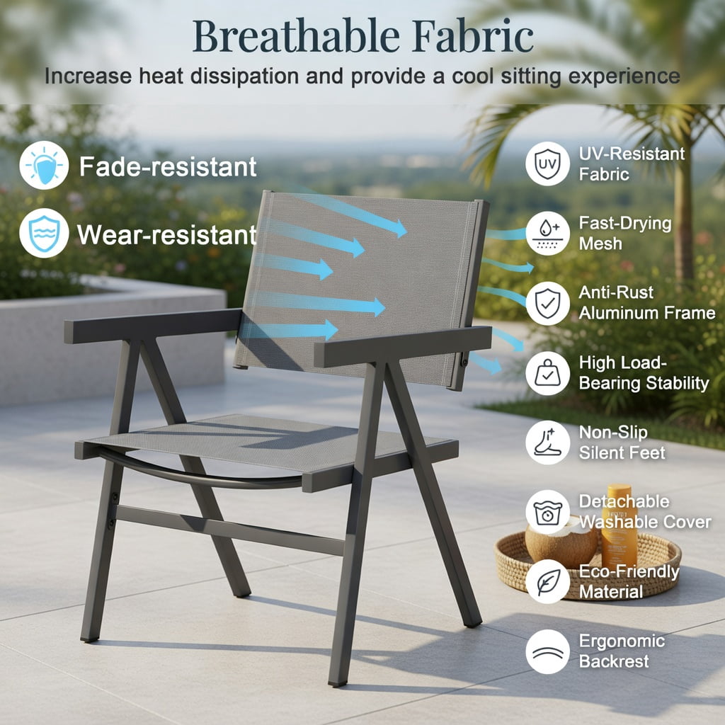 Hommoo 4-Pack Outdoor Patio Dining Chairs, Breathable Fabric Seat, Powder-Coated Metal Frame, Fade-Resistant & Ergonomic for Patio, Poolside & Backyard, Gray
