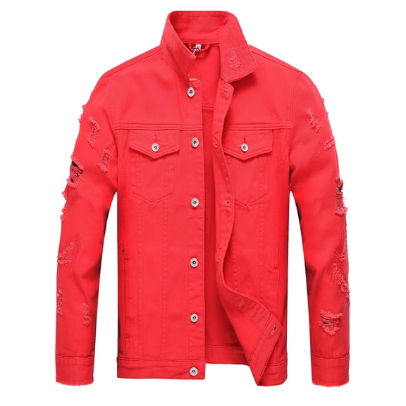 LZLER Ripped Jean Jacket for Men Red Fashion Denim Jacket Men