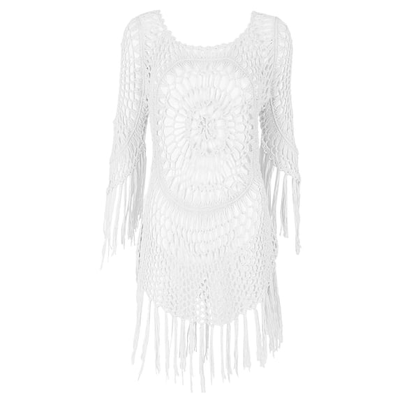 DHFJKG Beach Swimsuit Cover Up Women Crochet Bikini Coverups Summer Pool Swimwear Tassel Dress