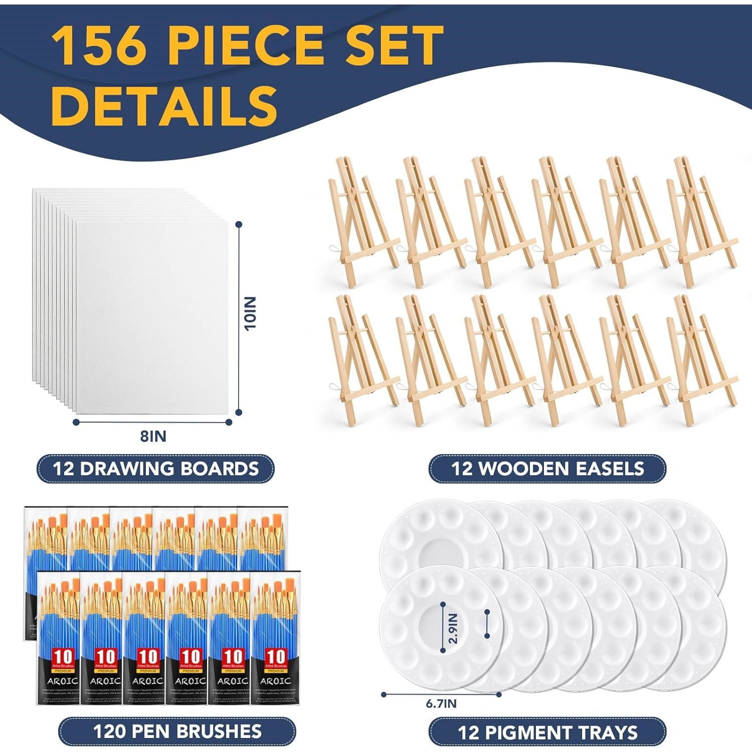 156 PCS Professional Painting Set with Easels, 12 Wood Easels,120 Brushes with Nylon Brush Head,12 Drawing Boardart and 12 Palette, Painting Supplies kit for Adults to Painting Party.