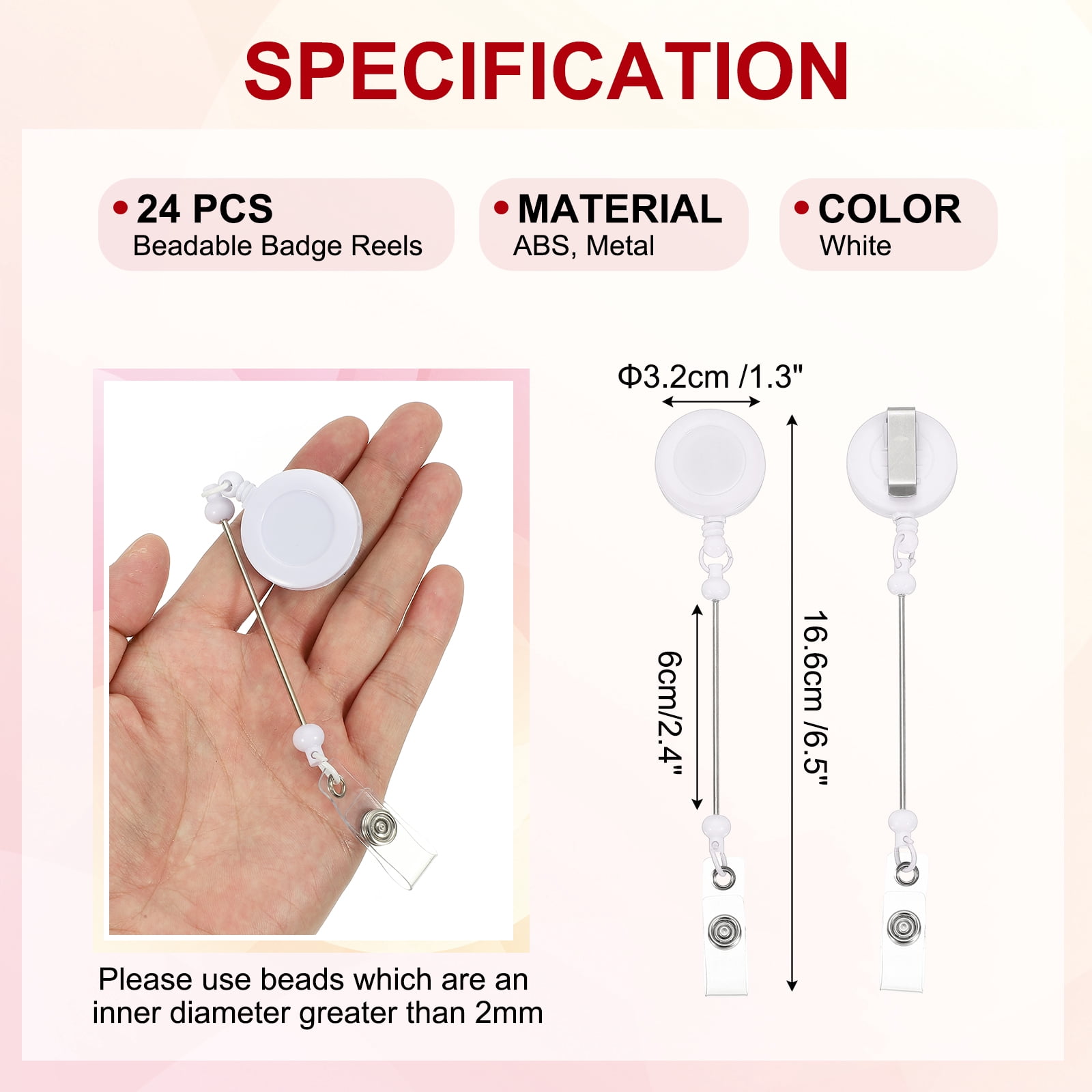 Uxcell Beadable Badge Reels, 24 Pcs Beaded Retractable Clips Holder Badge Reel Bulk Keychain Bar with Belt Clip, White