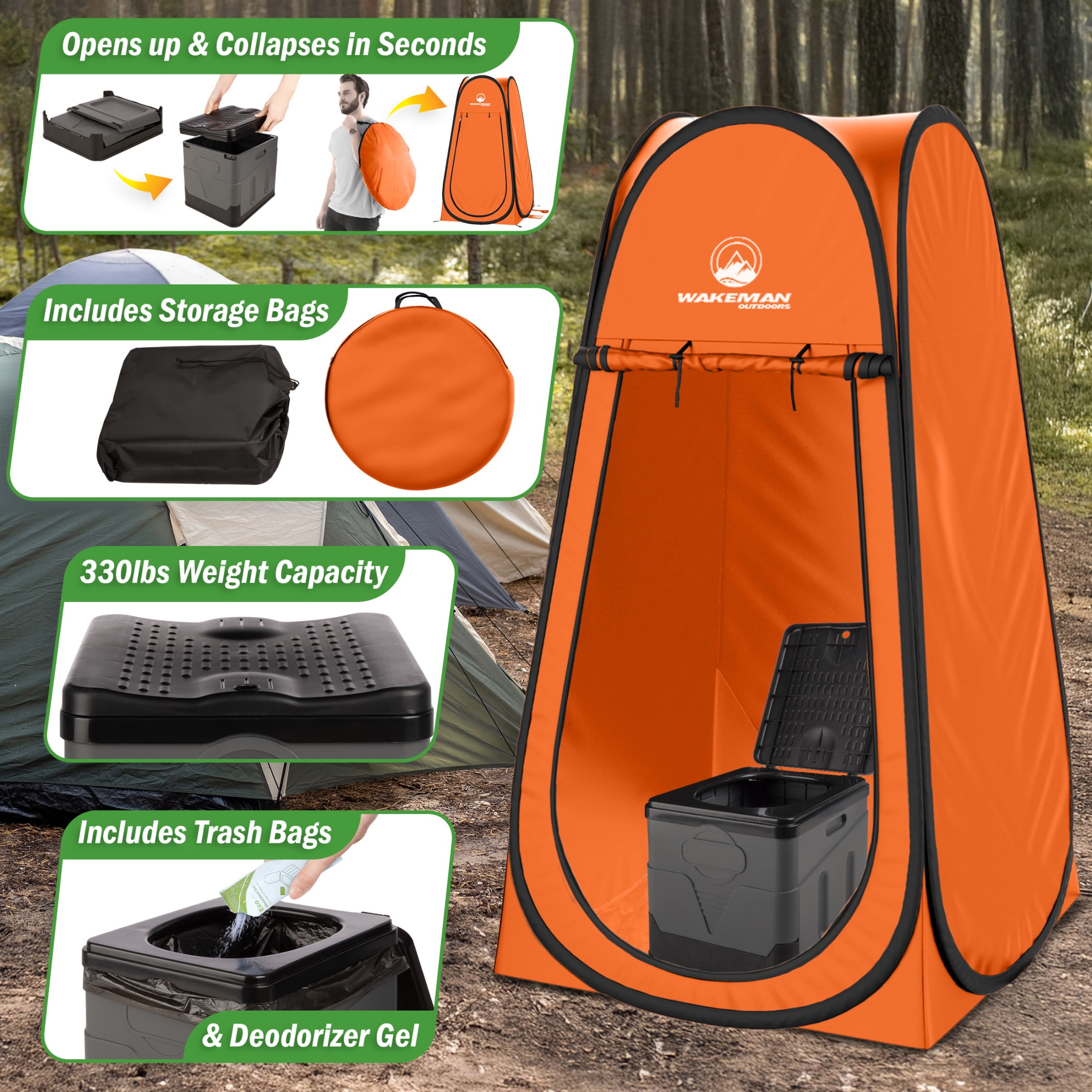 Wakeman Outdoors Camping Toilet Set - Pop Up Privacy Tent and Portable Toilet for Adults, Orange