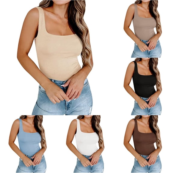 XIAONU Womens Solid Tank Top Sleeveless Square Neck Slim Fit Basic Layering Top