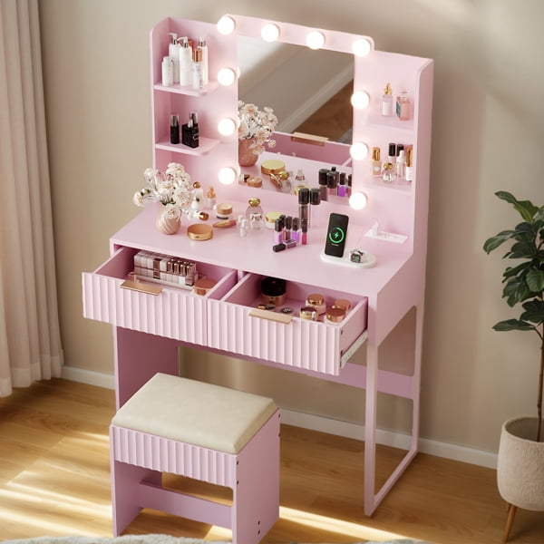 Alvantor 33.15 in Makeup Vanity Desk with Lighted Mirror, Power Strip, 2 Drawers, 4 Shelves and Cushioned Stool, Pink