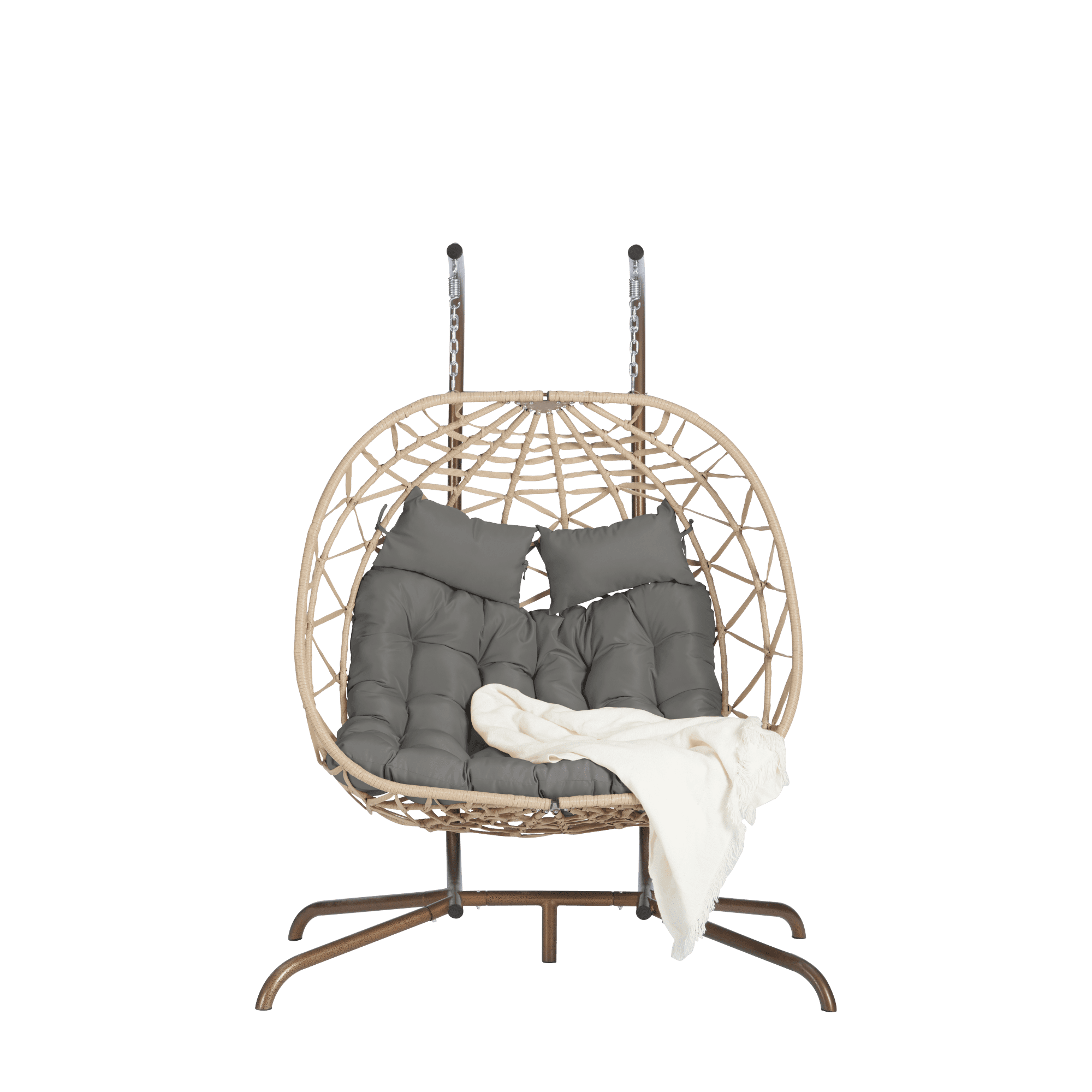 Leumius Double Egg Chair with Stand,Indoor Outdoor Wicker Swing Egg Hanging Chair with UV Resistant Cushions for Patio,Balcony,Porch,600 lbs,Natural+Dark Gray