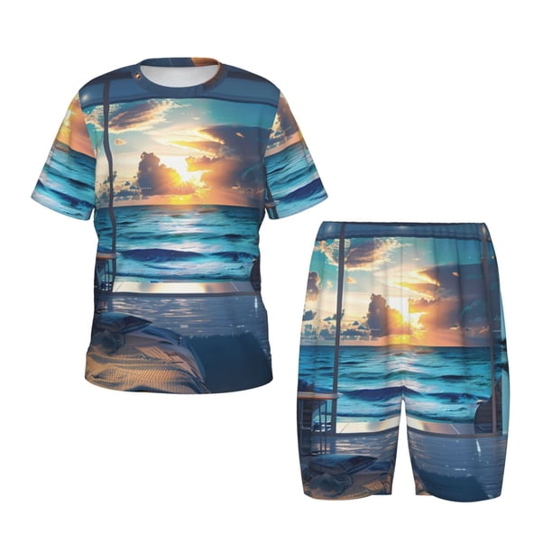 Fotbe Ocean View Bedroom Pijama Estampada de 2 Piezas para Niños – Ropa de Dormir de Manga Corta Cómoda para Niños y Niñas, Camiseta y Shorts de Algodón-Large