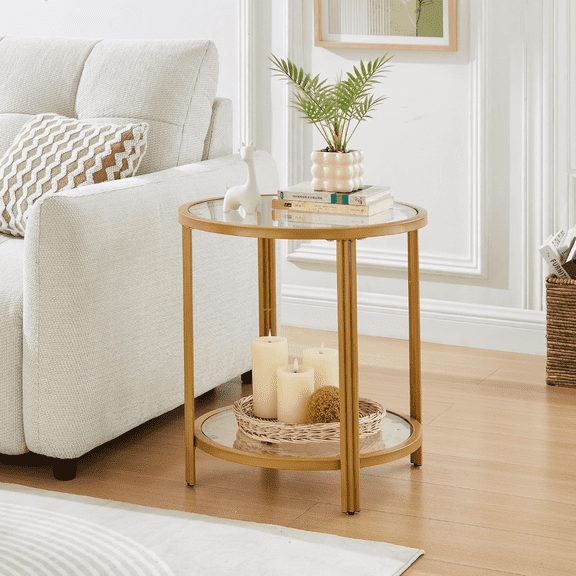 Modern Round Glass Top End Table - Storage