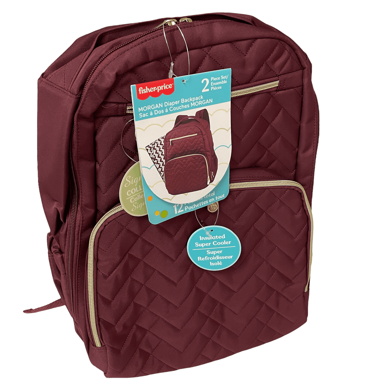 Fisher-Price 17”L Signature Morgan Quilted Multi-Pocket Diaper Bag Backpack with Matching Changing Pad, Insulated Bottle Pocket, Tablet Pocket and Stroller Straps in Burgundy