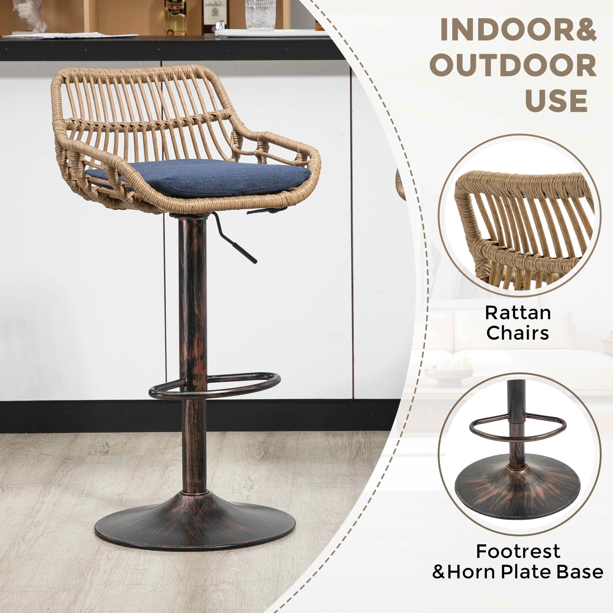 MAYEERTY Swivel Bar Stools Set of 2, Adjustable Height Chairs with Footrest, Linen and PE Rattan Back, Blue