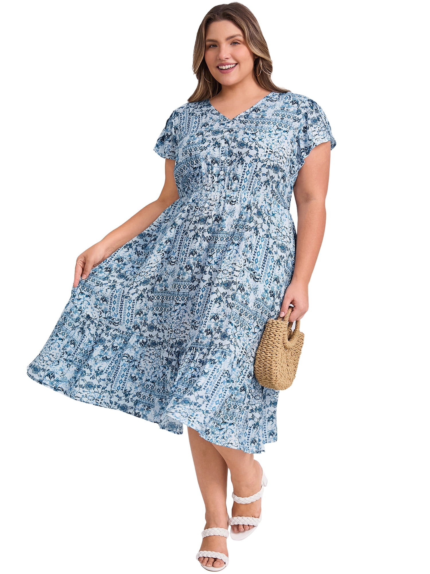 DARING DIVA Plus Size Boho Floral V Neck Cap Sleeve A Line Midi Dress 3X Lake Blue