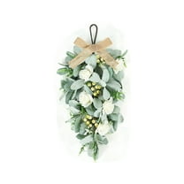 Handmade Teardrop Swag Wreath 12.2in, Artificial White Rose and Lamb's Ear Spring Decor for Front Door, Cabinet, Wedding, and Easter Holiday Home Decorations