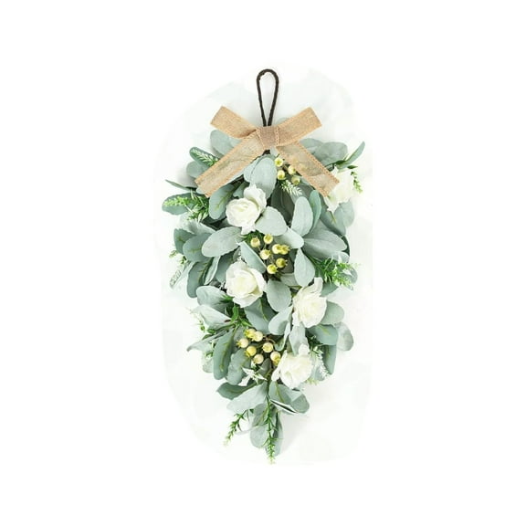 12.2 Inch Artificial White Rose Teardrop Swag, Spring Summer Floral Wreath with Berries and Lamb's Ear for Kitchen, Cabinet, Door, and Wedding Party Home Decor