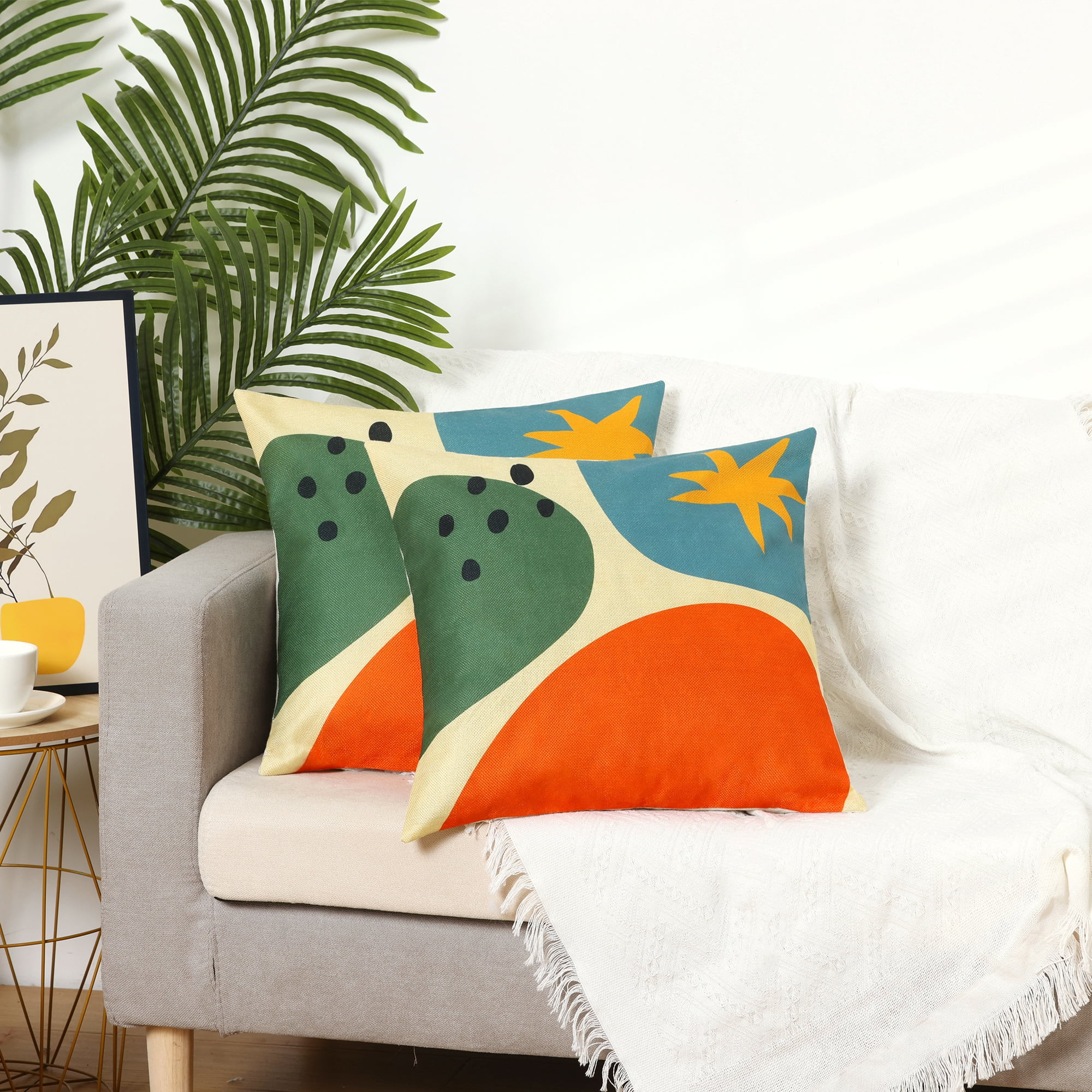 Unique Bargains Linen Printed Contemporary Decorative Throw Pillow Cover (2 Count) Orange-3 18" x 18"