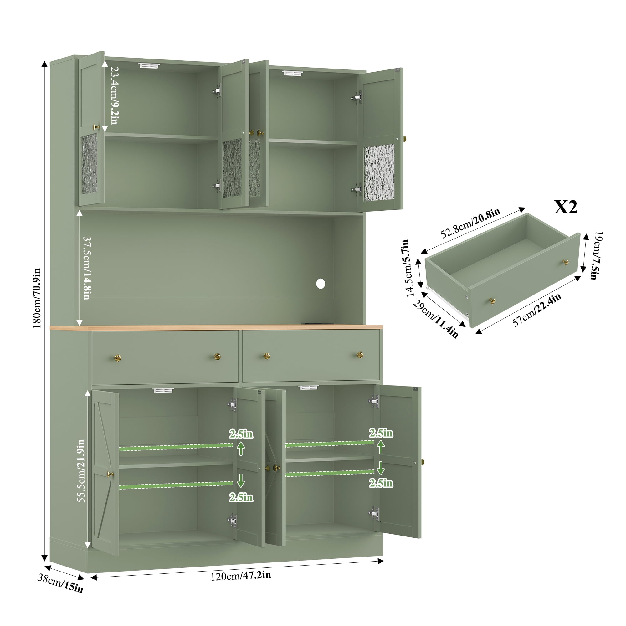 Homfa 71" Tall Kitchen Pantry Cabinet with LED Lights & Charging Station, MDF Freestanding Storage Cupboard with 8 Doors 2 Drawers, Buffet Cabinet with Storage for Dining Living Room, Green