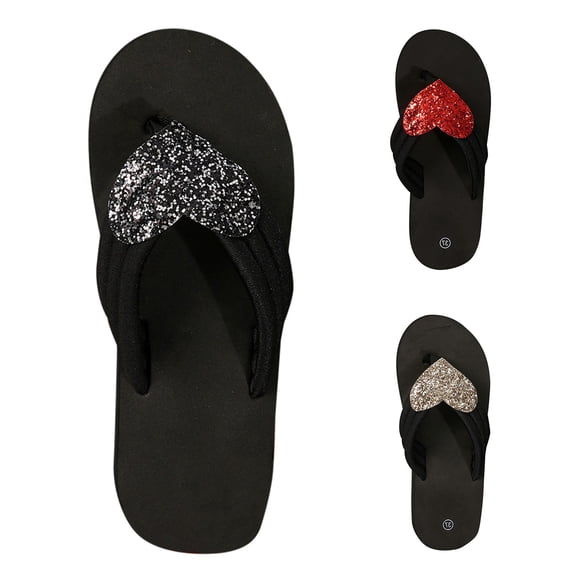 Women's Heart Glitter Flip Flops Flat Casual Summer Footwear Black 36
