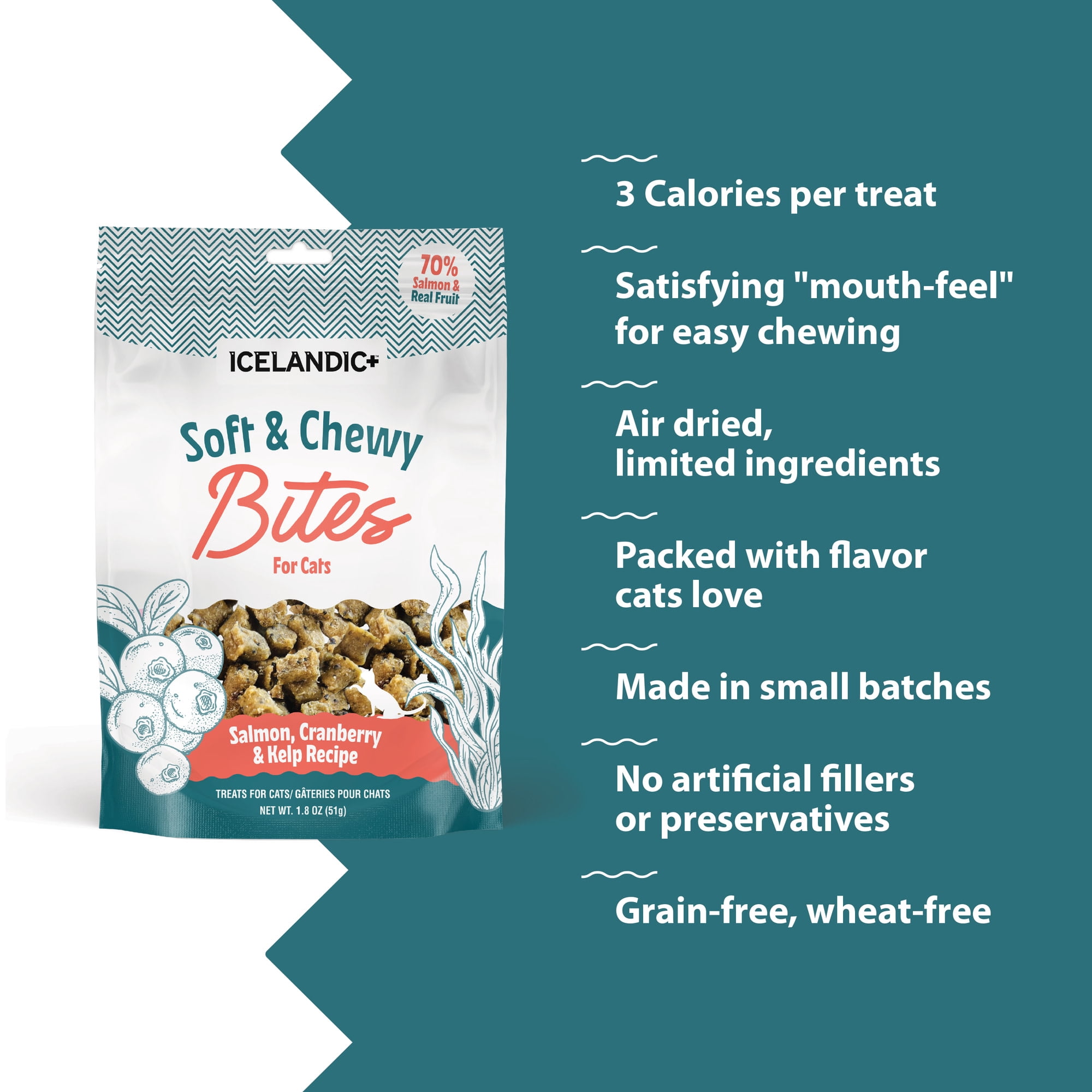 Icelandic+ Soft & Chewy Bites - Salmon, Cranberry & Kelp - 1.8oz Cat Treats, 70% Meat & Fruit, Air-Dried, Limited Ingredients, Pet Snack, Grain Free