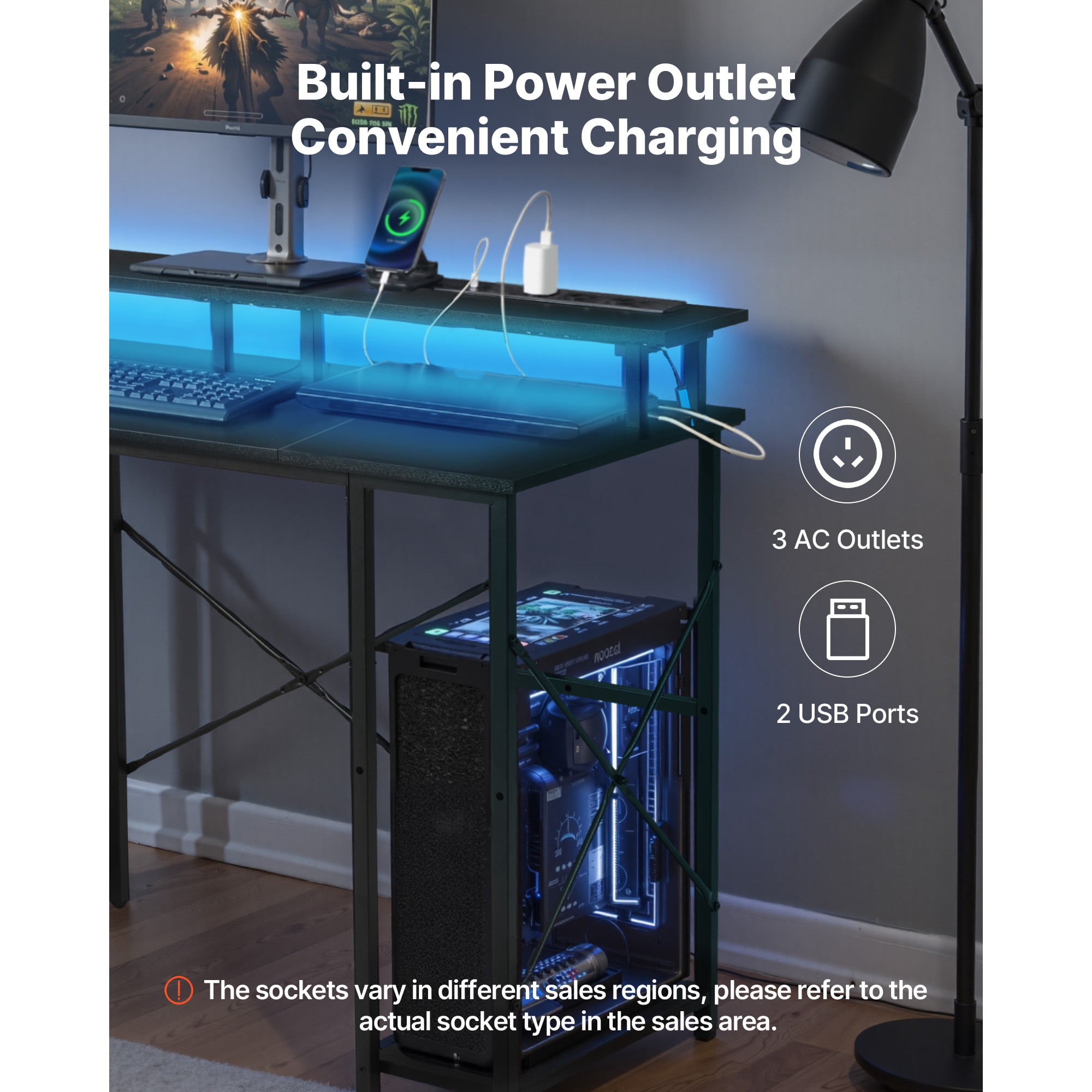 KFFKFF 47" Gaming Desk with LED Lighting & Power Outlets, Computer Desk with Monitor Riser and Storage Shelves, Black