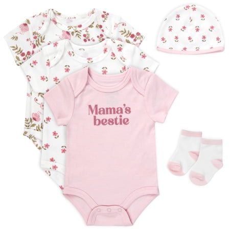 Baby Essentials Baby Girl 5 Piece Bodysuit Romper Set Floral Baby Outfit Gift Set (6 months Mama s Bestie Pink Floral)