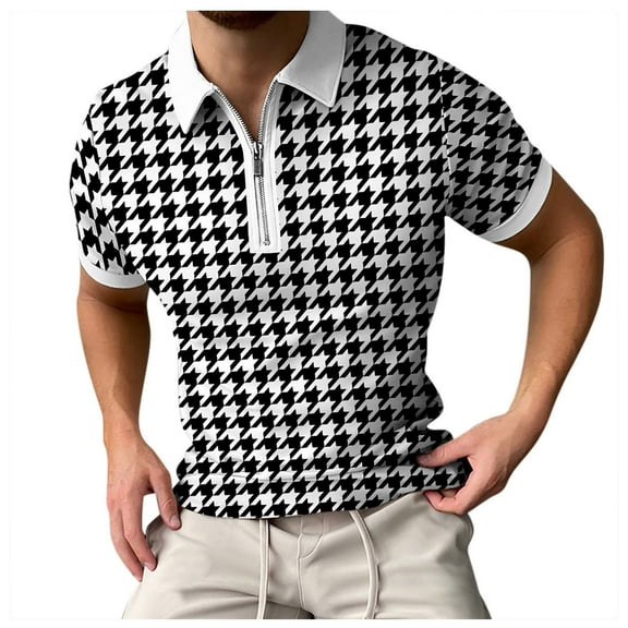 TOOYOU Men's T-Shirt Spring And Summer Short-Sleeved Zipper Lapel Houndstooth Print Top Mens Basic Tees Black