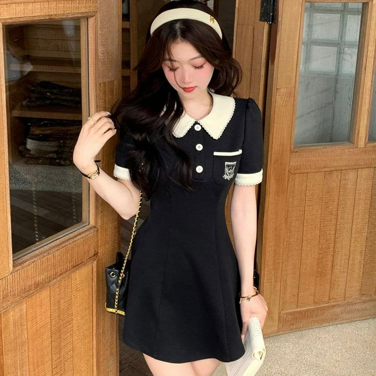 Polo One Pieces Korea Contrast Color Women's Dress With Collar