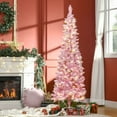 thumbnail image 2 of HOMCOM Prelit Snow Flocked Artificial Pencil Tree Auto Open, Pink and White, 2 of 10