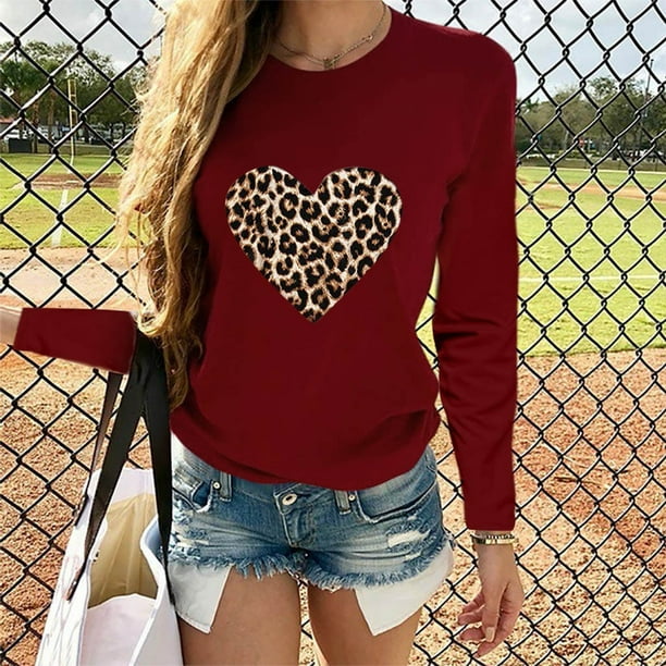 Pntutb Mujeres Día de San Valentín Casual Manga larga O Cuello Estampado de leopardo Top en forma de corazón Pntutb Pntutb-6556
