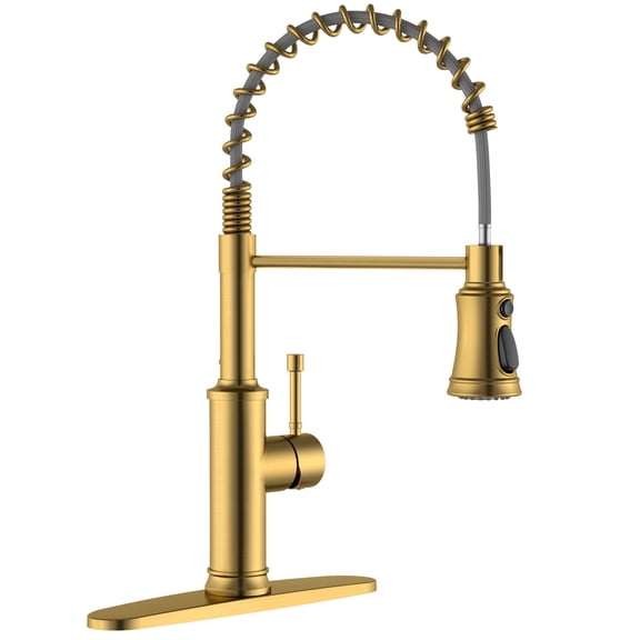 DAYONE Antique Brushed Gold Kitchen Faucet with Pull Down Sprayer, 3-Mode Stainless Steel Spring Commercial Style Faucet for Farmhouse Kitchen, Bar, Camper - Single Handle, Fits 1 or 3 Holes
