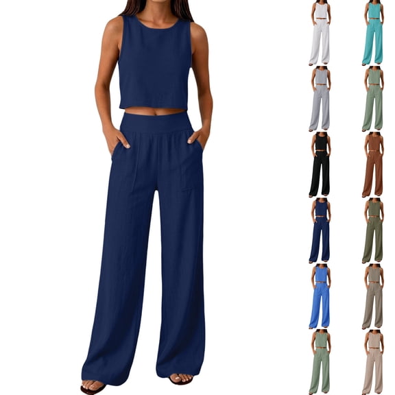 Women's 2026 Cotton Gauze Linen 2 Piece Set Sleeveless Crop Tank Top and Wide Leg Pants Casual Summer Outfit Pink 2XL