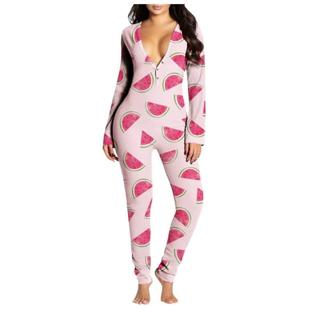 

qucoqpe Women Sexy Onesie Flap Pajamas Long Sleeve Cartoon Graphic Print Fleece Warm Fall Winter One Piece Sleepwear Button Collar Butt Flap Jumpsuit Rompers