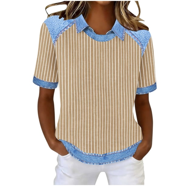 Tops de Manga Corta para las Mujeres Camiseta Suelta de Primavera Y Verano con Solapa Casual
